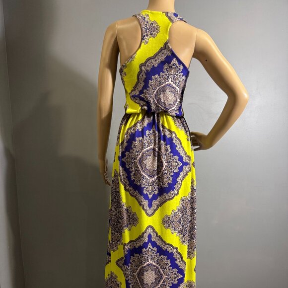 boohoo Baroque Maxi Dress 💛 yellow & royal blue racerback summer dress - Picture 3 of 8